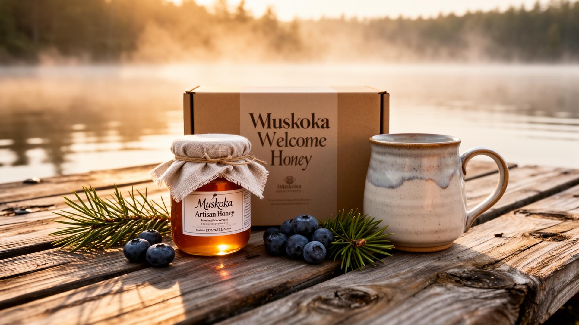 Muskoka welcome gift box on a cedar dock at sunrise